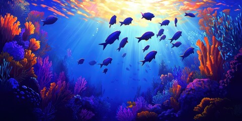 Fototapeta premium A colorful underwater scene depicting fish and coral reefs gracefully