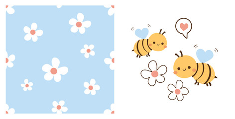 Seamless pattern with bee daisy flower on blue background vector. Bee cartoons, daisy flower and red heart icons set vector.