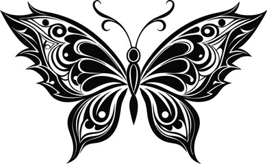 Elegant Tribal Butterfly Silhouette: Minimalist Black and White Tattoo Design