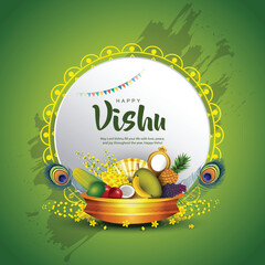 Happy Vishu greetings. April 14 Kerala festival with Vishu Kani, vishu flower Fruits and vegetables in a bronze vessel. vector illustration design © Arun