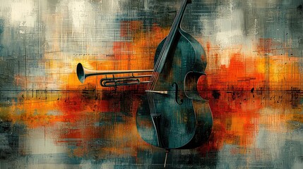 Double bass and trumpet against abstract music notes background; for music, art, or jazz themed projects