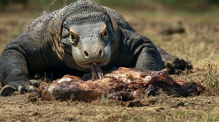 Obraz premium Close-up of a Komodo dragon devouring its prey in a natural habitat