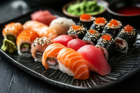 Freshly prepared sushi platter offering a colorful assortment of rolls and nigiri, accompanied by wasabi and soy sauce