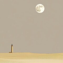 A solitary lighthouse stands under a bright full moon at night