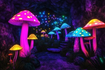 Fototapeta premium A vibrant and fantastical mushroom garden illuminated by colorful lights