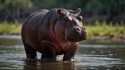 Fototapeta premium Hippo wading through water, a serene wildlife scene in a natural habitat on a sunny day