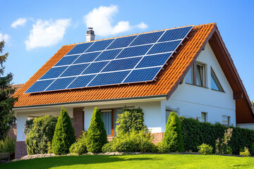 Fototapeta premium Solar panels on a house roof under clear blue sky, generating clean and renewable energy for sustainable living.