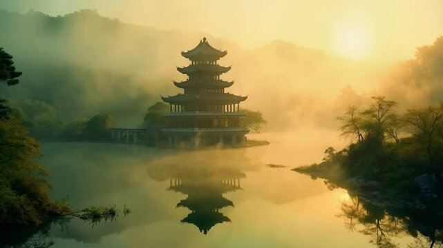 Serene Pagoda Reflects Elegance by Tranquil Lake