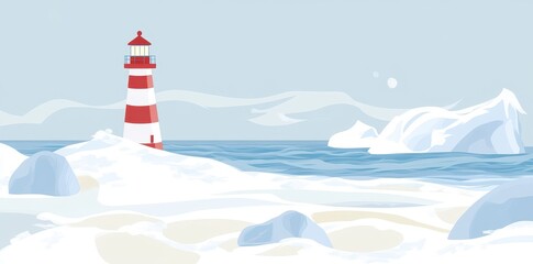A red and white lighthouse stands on a snowy coastline