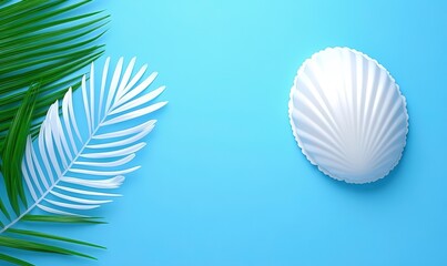 White Shell and Green Leaf on Bright Blue Background for Tropical Summer Vibes, Relaxation, Coastal Theme, Nature Elements, and Vacation Inspiration