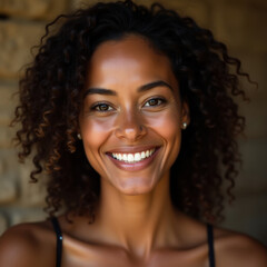 A beautiful woman with curly hair smiling radiantly, showcasing natural beauty and positivity