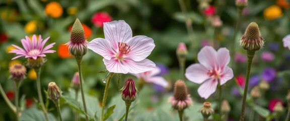 Obraz premium Musk mallow flowers and seed pods in a garden setting, summer, photo