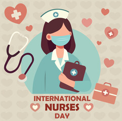International Nurses Day Poster. Flat Design Female Nurse in Blue Uniform with Medical Equipment, Stethoscope, and Heart Symbols on a Beige Background. Vector illustration