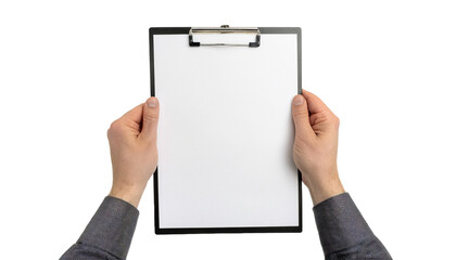 a pair of hands holding a clipboard with blank paper, ready for notes. The person is wearing a grey shirt