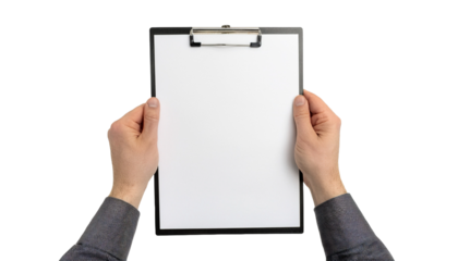 a pair of hands holding a clipboard with blank paper, ready for notes. The person is wearing a grey shirt