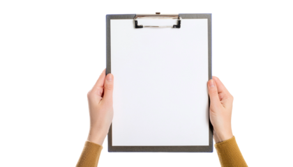 a person's hands holding a clipboard with blank paper