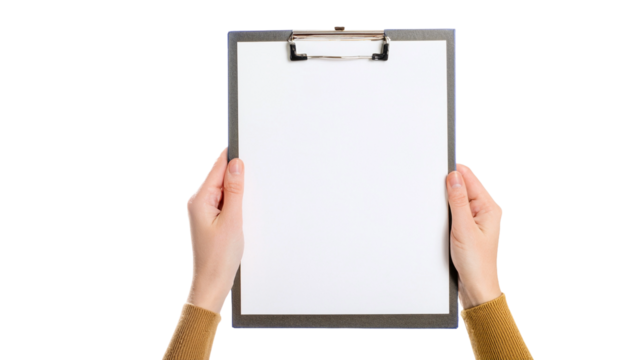 a person's hands holding a clipboard with blank paper