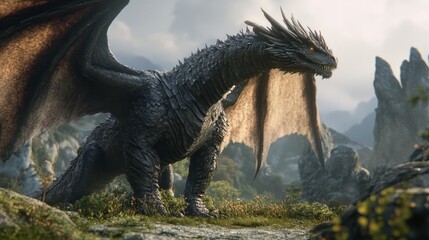 Fototapeta premium Majestic dark fantasy dragon with glowing eyes and fiery wings flying through a mysterious misty landscape – epic mythical creature in a dramatic atmospheric scene