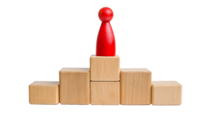 a red figure on top of a wooden podium, symbolizing success and achievement. The figure stands out prominently