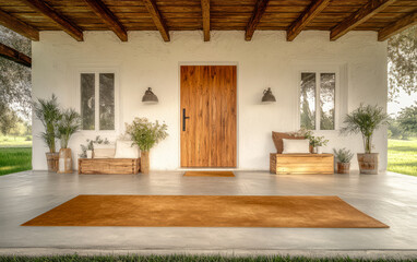 Modern entrance to a serene house with wooden features and welcoming decor in nature