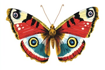 Peacock butterfly illustration, vibrant wings, white background, nature design