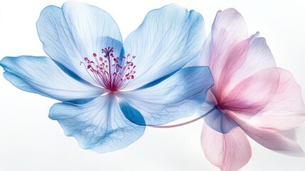Two translucent delicate flowers with blue and pink petals bloom