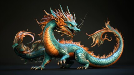 Obraz premium Majestic fantasy dragon with glowing scales and fiery eyes soaring through a mystic sky over an enchanted landscape