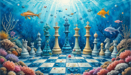 vibrant underwater scene featuring chessboard with intricately designed chess pieces resembling coral and marine life. watercolor effect enhances hues of ocean, with fish and sea creatures
