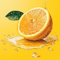 Freshly Cut Orange on Yellow Background with Juicy Drops and Leaf, Vibrant Citrus Fruit with Sliced Fruit and Aesthetic Fruit Composition