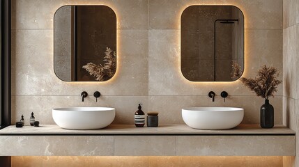 Modern beige bathroom with double sinks, backlit mirrors, and dried flowers. Ideal for home design websites