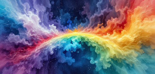 vibrant watercolor painting of rainbow stretching across cosmic sky filled with swirling clouds and stars, evoking sense of wonder and creativity with dynamic brush strokes