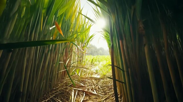 View from inside sugarcane field with strong sunlight shining through tall green stalks, perfect for agriculture, summer, nature, background, rural, tropical, food industry
