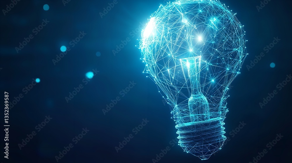 Wall mural a glowing lightbulb made of interconnected lines and dots against a dark blue background with bokeh