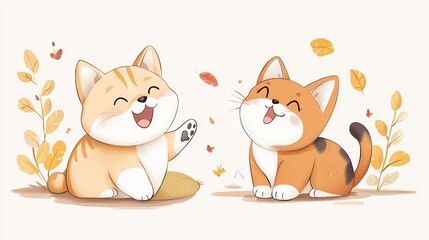 Fototapeta premium Two adorable cats enjoying autumn leaves