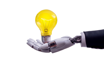 a robotic hand delicately holds a glowing light bulb, symbolizing innovation. The bulb emanates a warm, inviting glow, signifying ideas