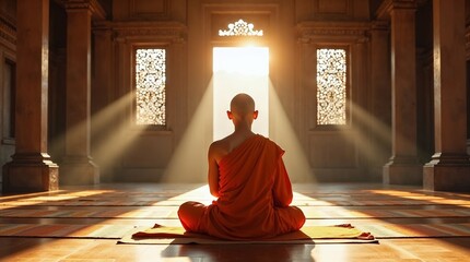Buddhist monk meditating in a sunlit temple interior  