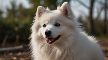 Naklejka premium Fluffy white dog enjoying outdoors, soft fur, blue eyes, sunny day