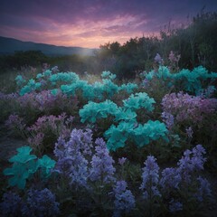 A mystical garden of softly glowing flowers, exuding a turquoise and lavender dreamscape.