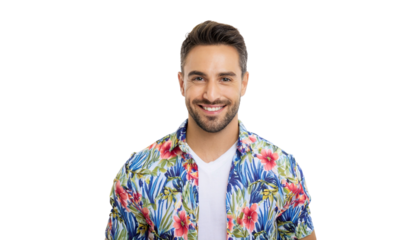 a handsome man in a floral shirt, smiling brightly at the camera. The image captures his positive expression and friendly demeanor