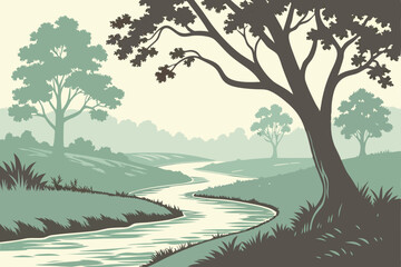 Naklejka premium 16 Serene watercolor landscape, winding river, lush green trees, tranquil forest scene, soft misty background, gentle curves, verdant foliage, peaceful nature illustration, muted color palette, flowin