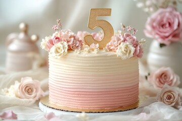 A pink and white frosted cake with number 5 topper sits on a table for a birthday celebration