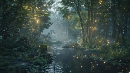 Fototapeta premium A dreamy forest scene at twilight with fireflies adding a soft, mystical glow to the surroundings. 
