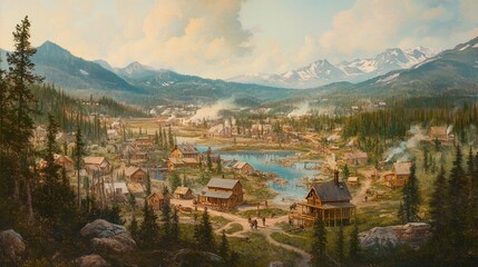 Idyllic Mountain Town Landscape Painting with Lake and Snowy Peaks