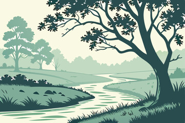 16 Serene watercolor landscape, winding river, lush green trees, tranquil forest scene, soft misty background, gentle curves, verdant foliage, peaceful nature illustration, muted color palette, flowin