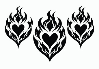 Tribal Flame Heart Vector Set – Black Silhouette Burning Heart Designs