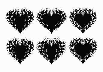 Tribal Flame Heart Vector Set – Black Silhouette Burning Heart Designs
