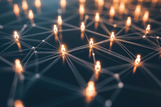 Interconnected social media profile icons forming a web with soft diffused lighting and negative space