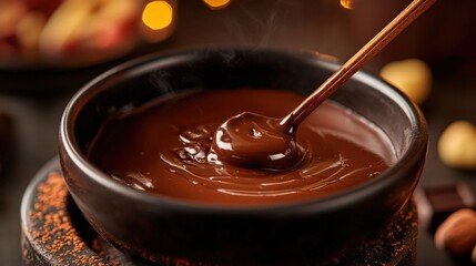 a bowl of hot chocolate with a spoon 
