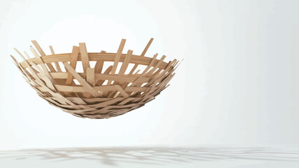 Obraz premium A high-angle, close-up studio shot of a spherical, abstract wooden bowl sculpture. The bowl is composed of numerous thin, light-brown wooden slats interwoven to create a complex, three-dimensional