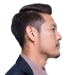 Fototapeta premium a side profile portrait of an asian man, featuring a modern hairstyle and a neatly trimmed beard, dressed in a suit jacket. He gazes thoughtfully forward